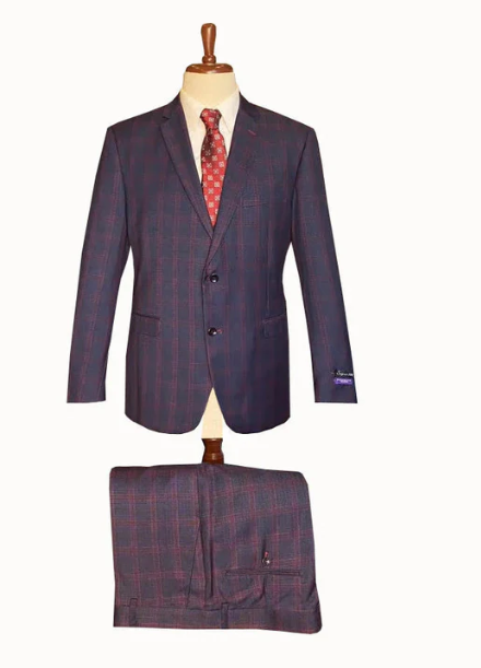 Mens Navy Blue and Burgundy Checkered Two-Piece Suit Plaid Windowpane  Flat Front Pants or Pleated Wide Leg Pants - 100% Wool