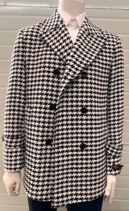 Mens Houndstooth Double-Breasted Overcoats  Classic Black and White Wool Blend Peacoat Wool Fabric