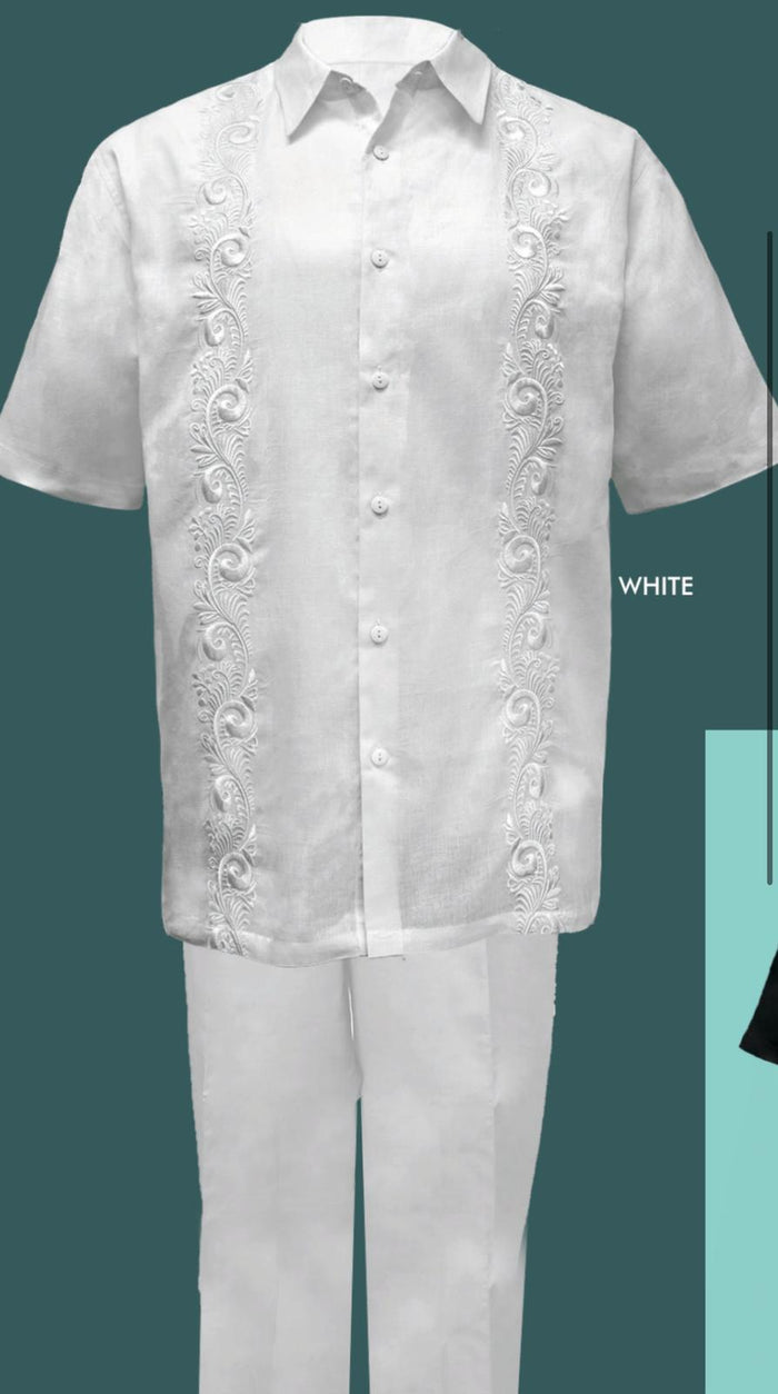 Men's Linen White Embroidered Guayabera Two-Piece Set - Short Sleeve Shirt and Pants - Summer Walking Suit