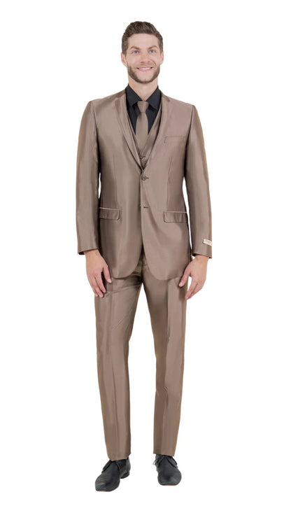 Mens Sateen Shiny Metallic Mocca Taupe Gold Bronze 3-Piece Suit Set  Shiny Finish slim Fit Formal and Party Suit