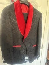 Men’s Black Paisley 2 Piece Suit with Red Shawl Lapel, Formal Wedding Prom Party Suit Set