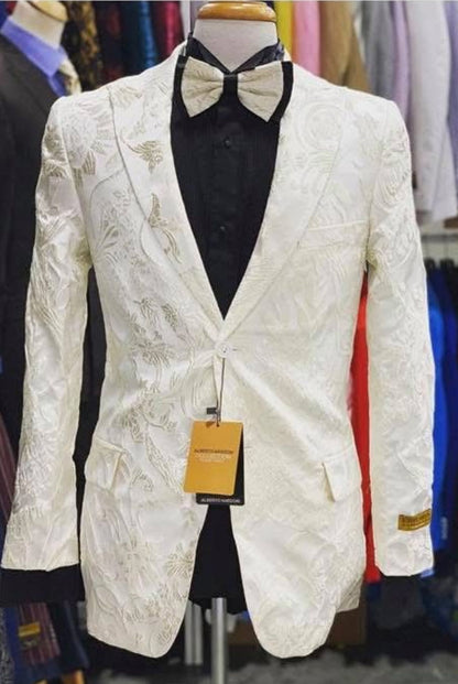 Mens Ivory Floral Embroidered Tuxedo Jacket  Elegant Wedding and Party Blazer in Cream Color With Ivory Pants