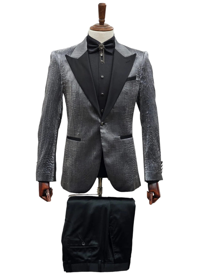 Silver Metallic Tuxedo Suit with Black Satin Peak Lapel  Mens Slim Fit Formal Wedding and Prom Attire in Charcoal Grey With Pants