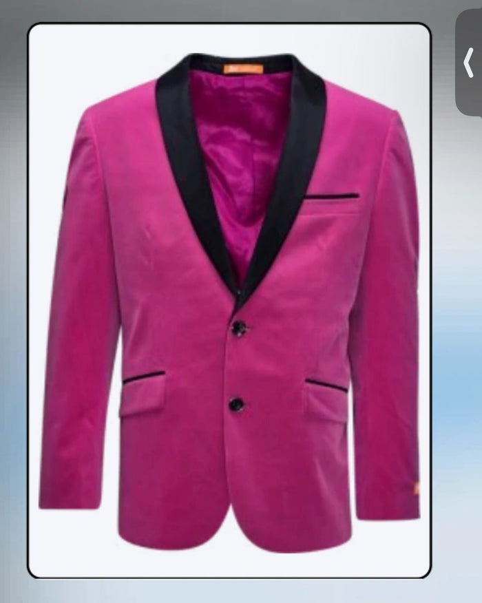 Men's Fuchsia Tuxedo Blazer with Black Satin Lapel - Stylish Party and Wedding Jacket in Hot Pink Color with Black Pants