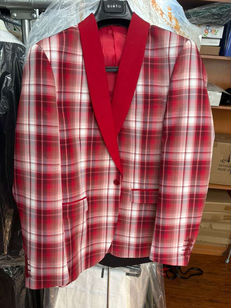 Mens Tartan Red and White Plaid Blazer – Check Pattern Sport Coat Red Shawl Lapel Party Christmas Holiday New Year