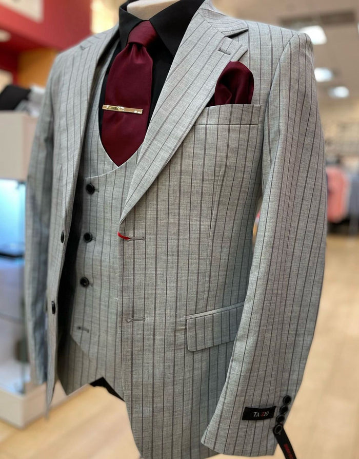 Mens 3-Piece Light Grey Pinstripe Suit with Vest  Classic Business, Wedding, and Formal Attire