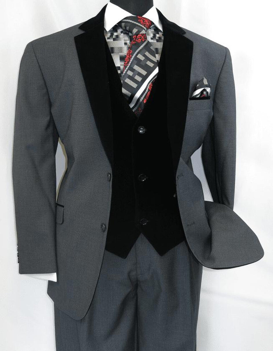 Men's Charcoal Gray 3-Piece Suit with Black Velvet Lapel  Formal Business and Wedding Attire - Gray Tuxedo