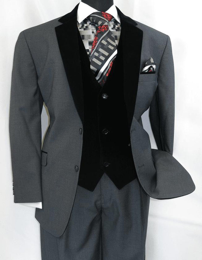 Men's Charcoal Gray 3-Piece Suit with Black Velvet Lapel  Formal Business and Wedding Attire - Gray Tuxedo