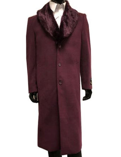 Mens Burgundy Three Quarter Coat with Faux Fur Collar Overcoat  Luxury Winter Outerwear Three Quarter Carcoat Topcoat
