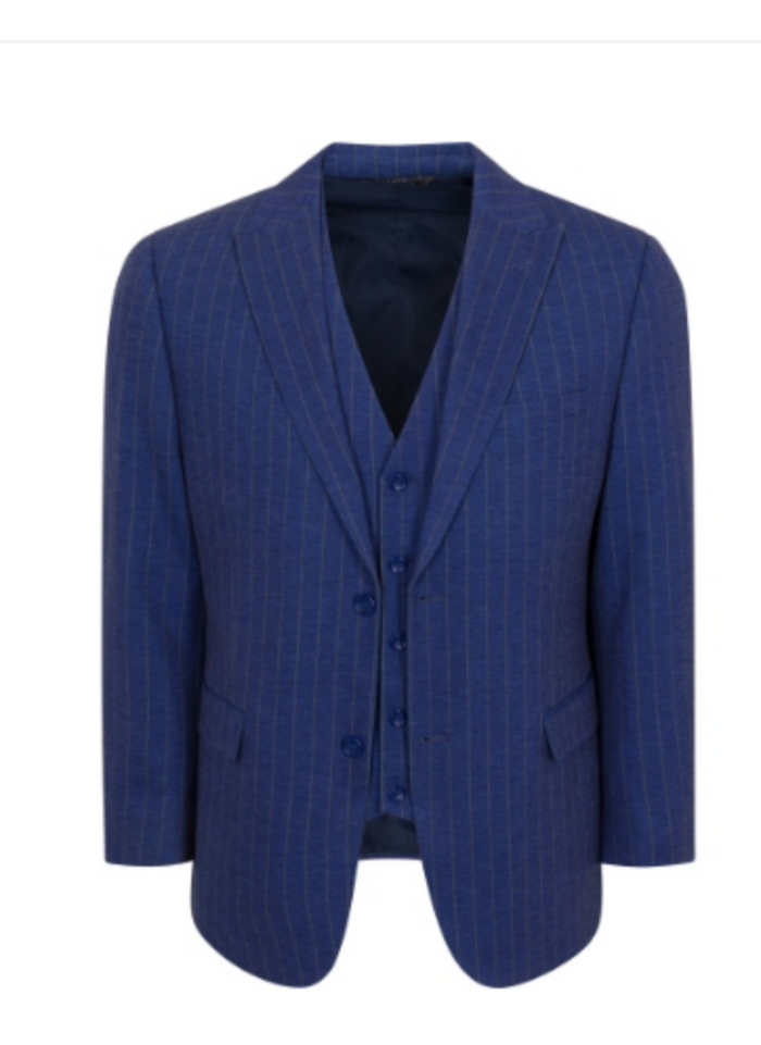 Men’s Cobalt Blue 3 Piece Suit – Indigo Light Blue Pinstripe Formal Suit with Vest for Wedding, Business Modern Fit Two buttons