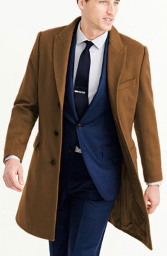 Mens Camel Brown Wool Overcoat  Classic Long Dress Coat for Business and Casual Wear in Vecuna Color
