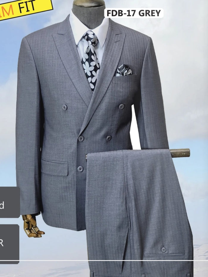 Mens Grey Tone on Tone Double-Breasted Suit  Classic Slim Fit 2 Piece Formal Business Gray Shadow Stripe