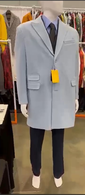 Mens Light Blue Wool Overcoat  Modern Long Coat with Classic Tailored Fit in Sky Blue