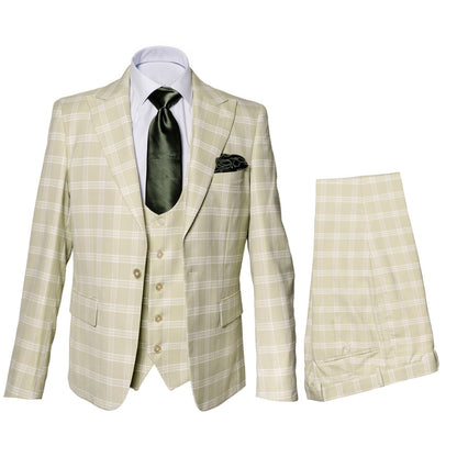 Mens Light Beige Check 3-Piece Suit Set  Premium Tailored Fit Formal Wedding and Spring Event Suit Light Tan Sand Color By Rossiman