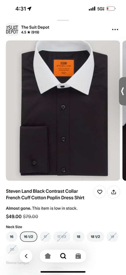 Men’s Black Dress Shirt with White Contrast Collar | French Cuff Cotton Poplin Formal Button-Up Shirt