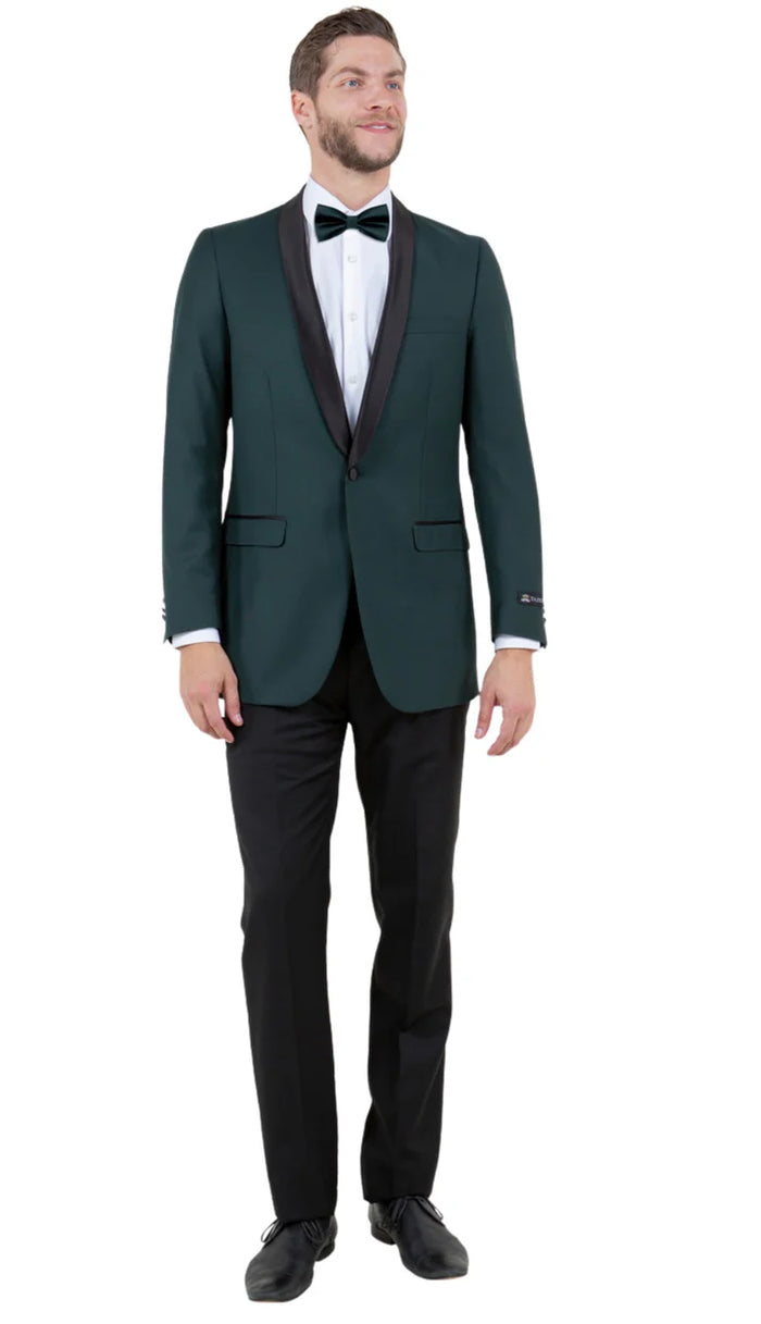 Mens Green Tuxedo Suit  Slim Fit Jacket with Black Satin Shawl Lapel and Black Pants in Hunter Green