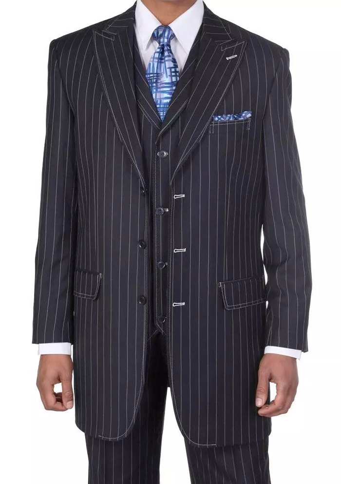 Mens Three Button Suits -  Navy Blue Pinstripe Three-Piece Suit  Classic Business and Formal Wear - Zoot Suit