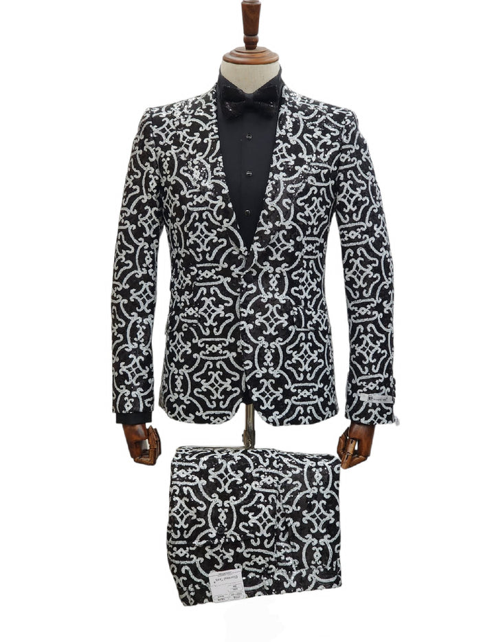 Men's Black and Silver Sequin Tuxedo - Slim Fit 2-Piece Party and Wedding Suit with Sparkling Design- Black and White Color