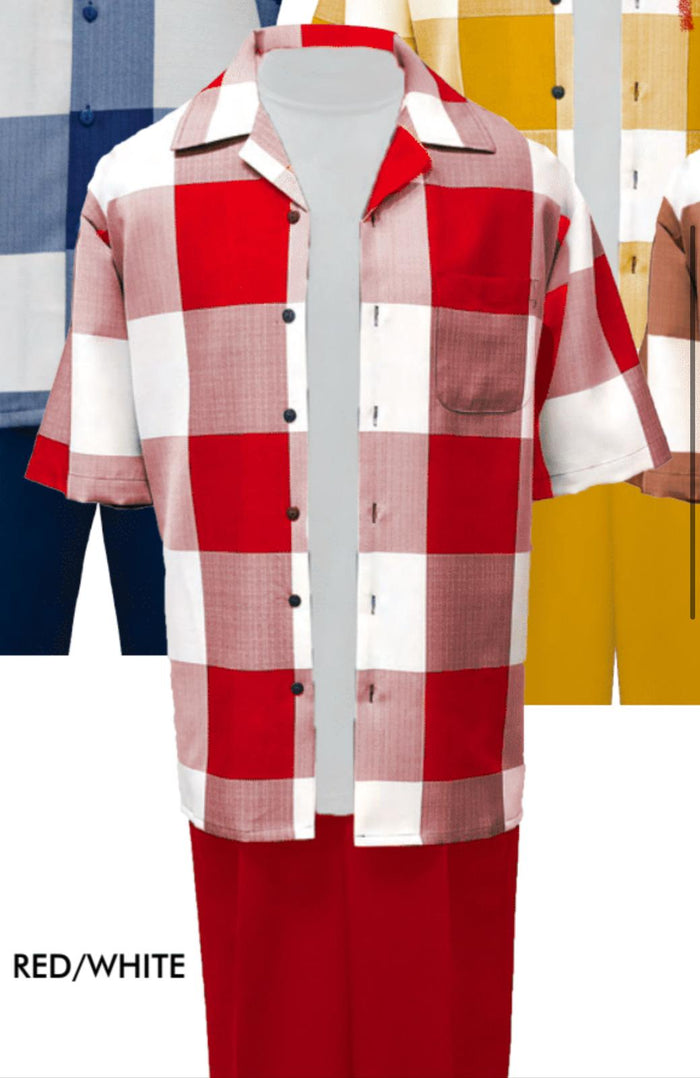 Mens Red and White Checkered Short Sleeve Shirt Set  Casual Two-Piece Summer Outfit