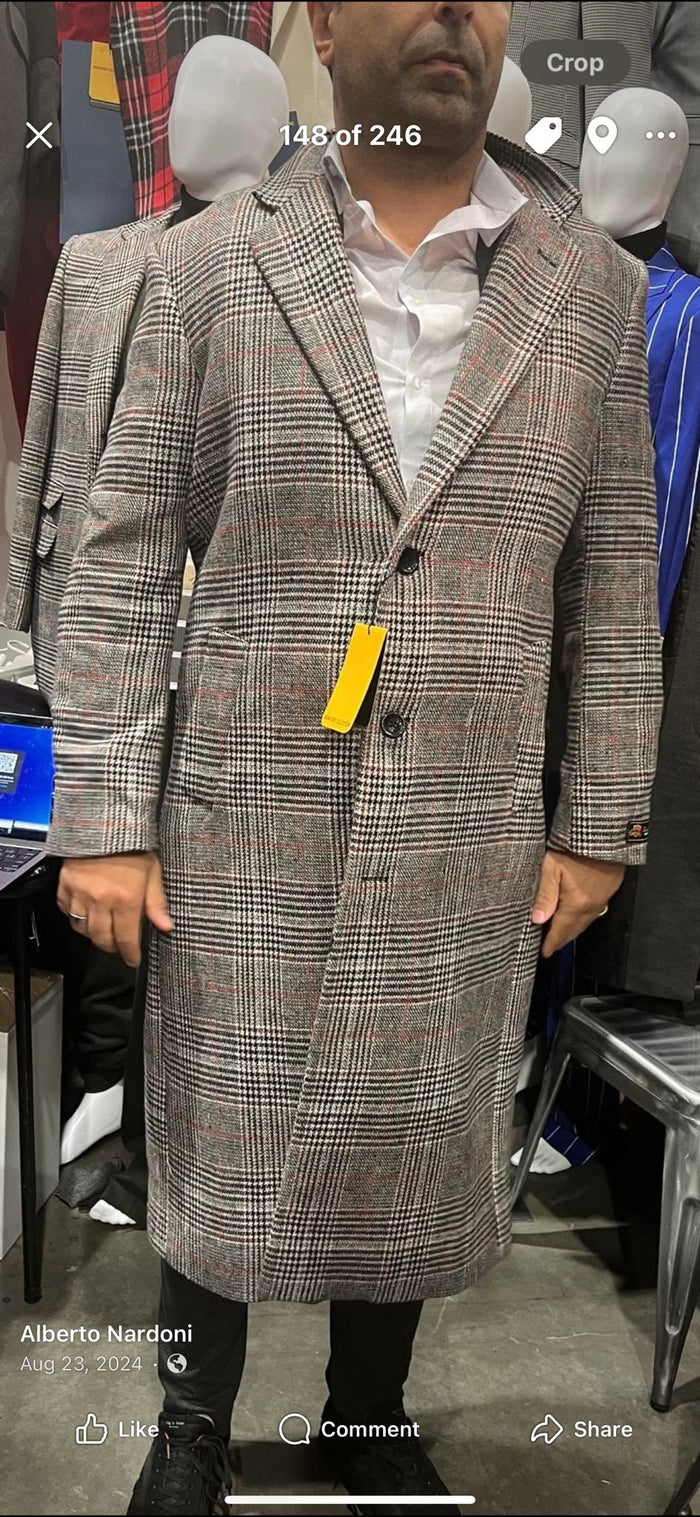 Mens Full length  Long Plaid Overcoat  Classic Checkered Wool Blend Winter Coat in Gray Color Checkered