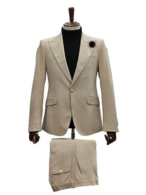 Mens Sand Beige Velvet Tuxedo Suit  2 Piece Slim Fit Blazer and Pants Formal Set - Winter Fabric Natural Color