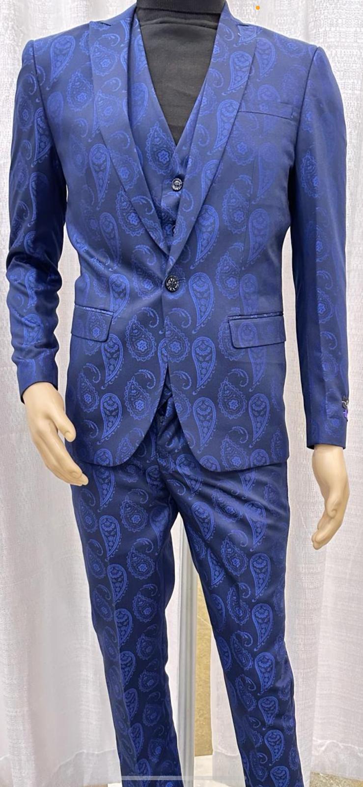 Mens Sapphire Blue Paisley 3-Piece Suit  Slim Fit Designer Tuxedo Set for Weddings and Formal Events in Cobalt Blue Color
