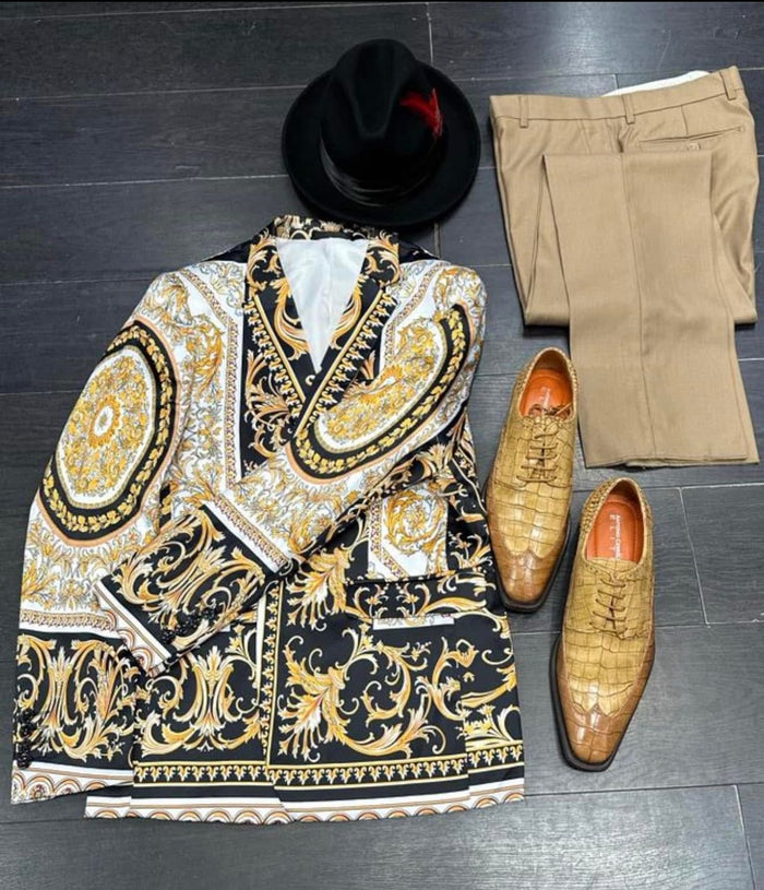 Men's Black and Gold Baroque Blazer with Matching Pants, Hat, and Shoes - Luxury Party and Wedding Outfit Set