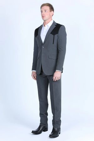 Men’s Dark Charcoal Western Blazer with Black Suede Yokes, Cowboy Sport Coat for Ranch Wedding and Country Events By Platini