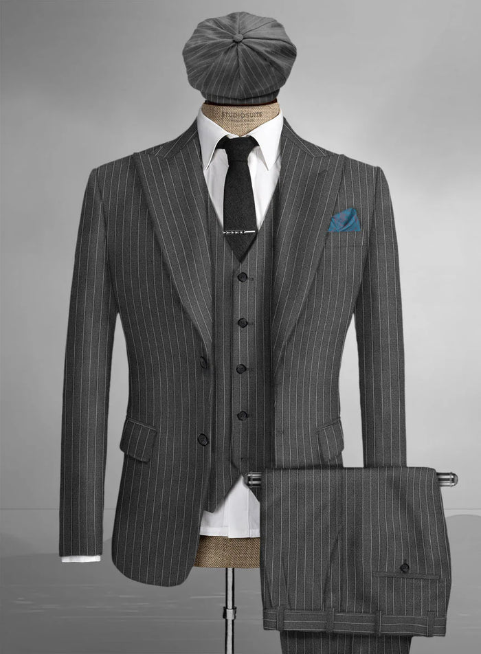 Men’s Thomas Shelby Peaky Blinders Gray Wool Suit Out fit Charcoal Grey Pinstripe 3-Piece  Vintage 1920s Suit
