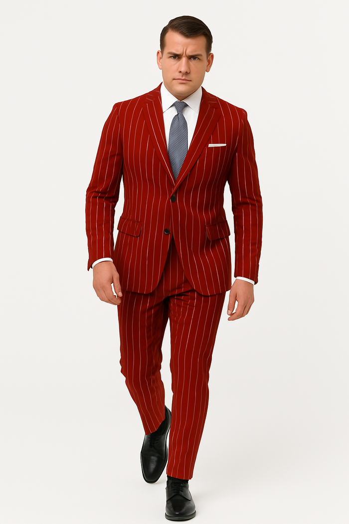 Men's Red Pinstripe Suit - Stripe Two-Button Vested Suit 2 Buttons