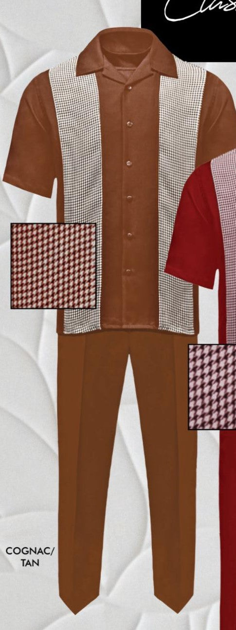 Men's Cognac Tan Two-Piece Outfit - Short Sleeve Button-Up Shirt and Pants Set