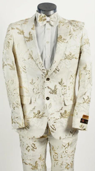 Men’s White and Gold Patterned Blazer – Paisley Floral Pattern Prom Wedding Suit Tuxedo Dinner Jacket + Bowtie