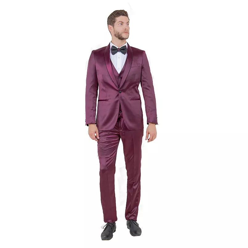 Mens Sateen Shiny Burgundy Slim Fit Tuxedo  Satin Shawl Lapel 3-Piece Suit