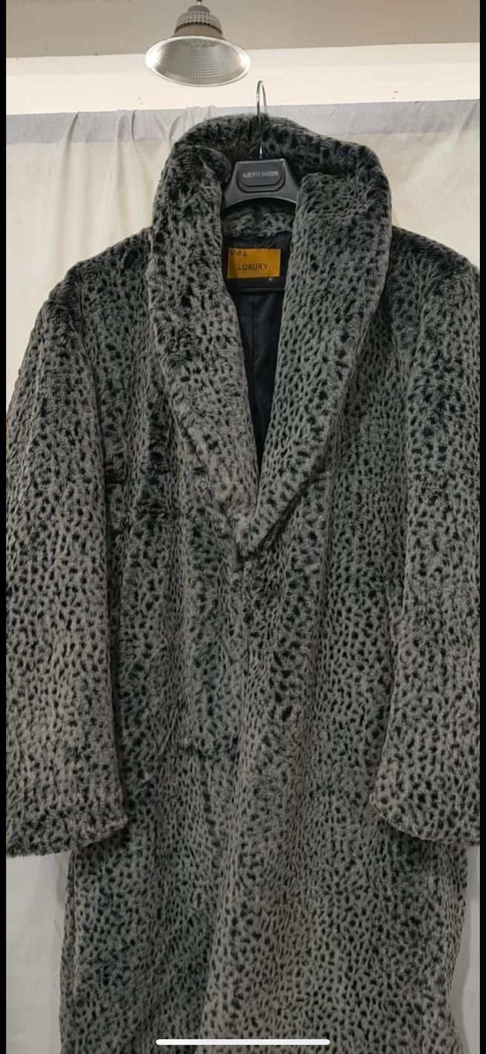 Mens Luxury Long Grey Faux Fur Coat  Winter Overcoat with Animal Print Design
