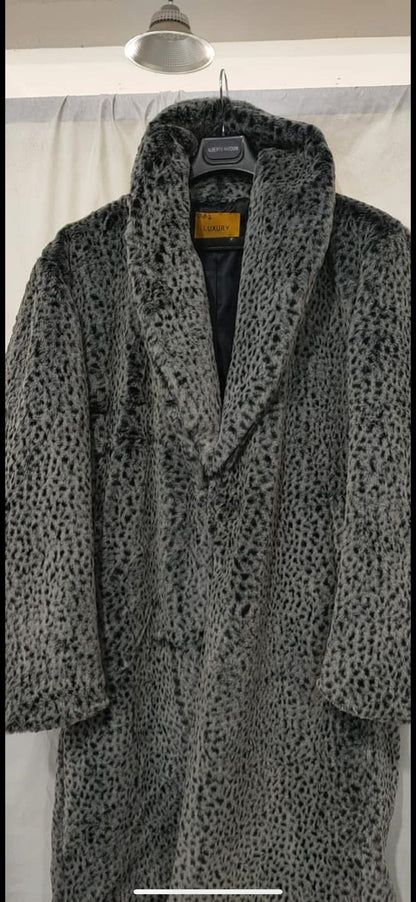 Mens Luxury Long Grey Faux Fur Coat  Winter Overcoat with Animal Print Design