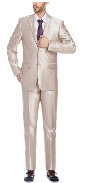 Men’s Champagne Tan Sharkskin 2 Button Suit – Sleek Formal Suit with Optional Vest for Wedding, Prom, Business Beige Color