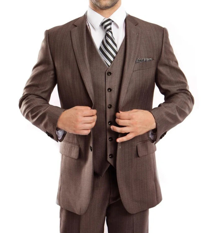 Men’s Brown Sharkskin 3 Piece Suit – Textured Two Button Vested Business Formal Suit for Wedding, Party Wear Elegant