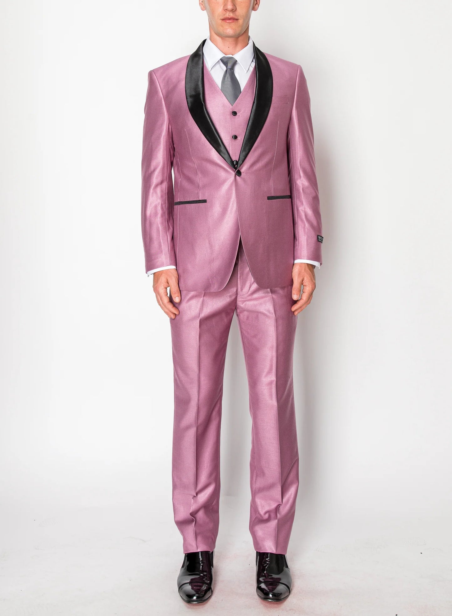 Men’s Shiny Mauve Pink 3 Piece Tuxedo – Wedding & Prom Suit with Black Shawl Lapel