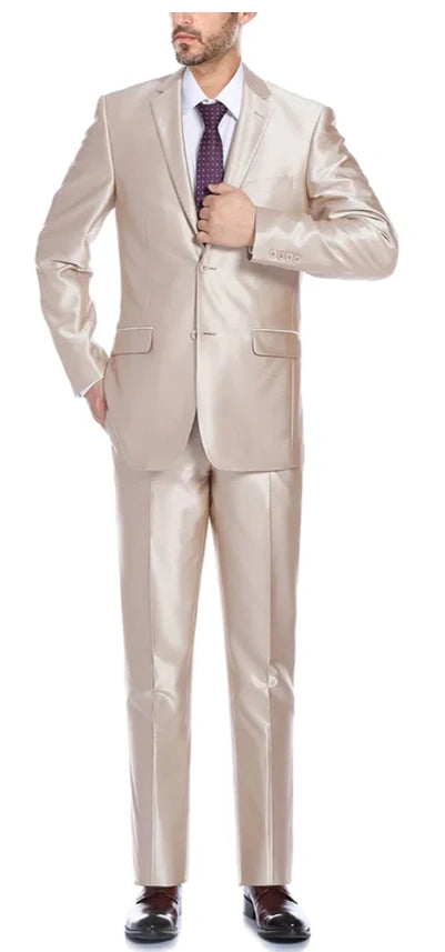 Men’s Champagne Tan Sharkskin 2 Button Suit – Glossy Formal Suit with Optional Vest for Wedding, Prom, Business Beige Color