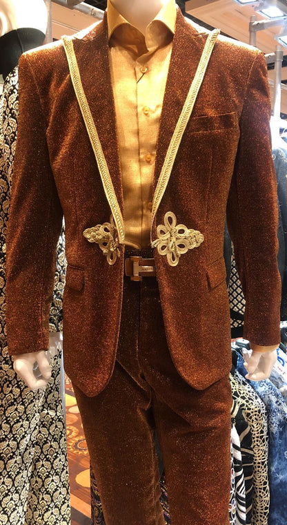 Mens Bronze Shiny Velvet Suit  Designer Party and Wedding Wear Blazer and Pant Set Brown and Gold Tuxedo
