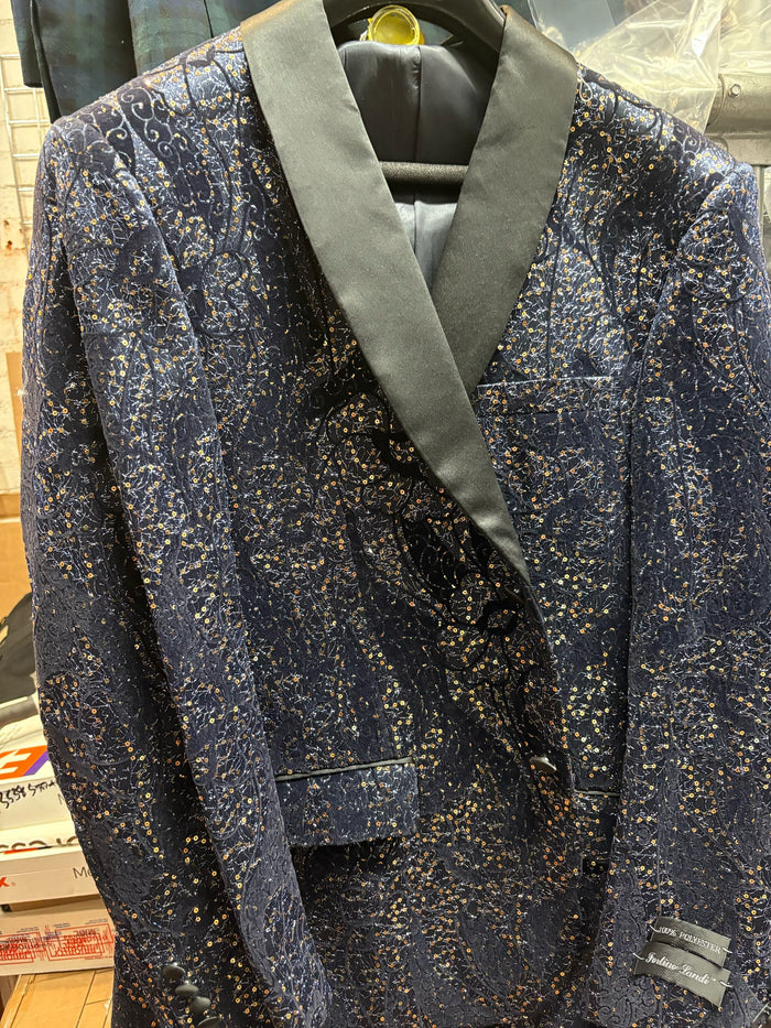 Mens Navy Blue Sequin Tuxedo Jacket with Black Satin Shawl Lapel  Luxury Prom and Wedding Blazer