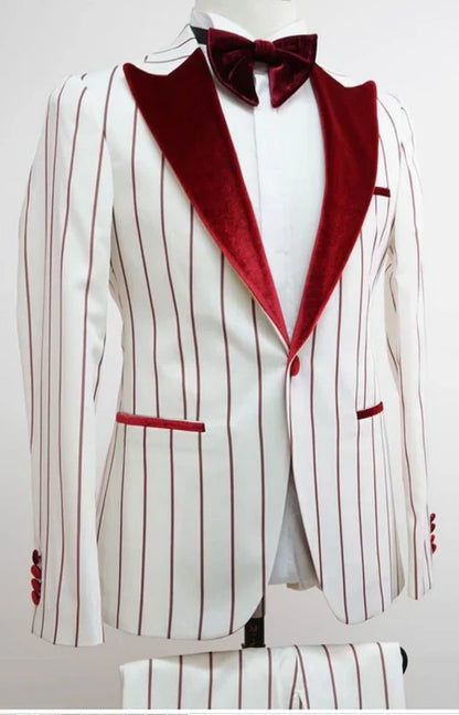 Mens White and Dark Red Pinstripe Tuxedo with Velvet Shawl Lapel  Formal Dinner Blazer Prom Christmas New Year Holiday Suit