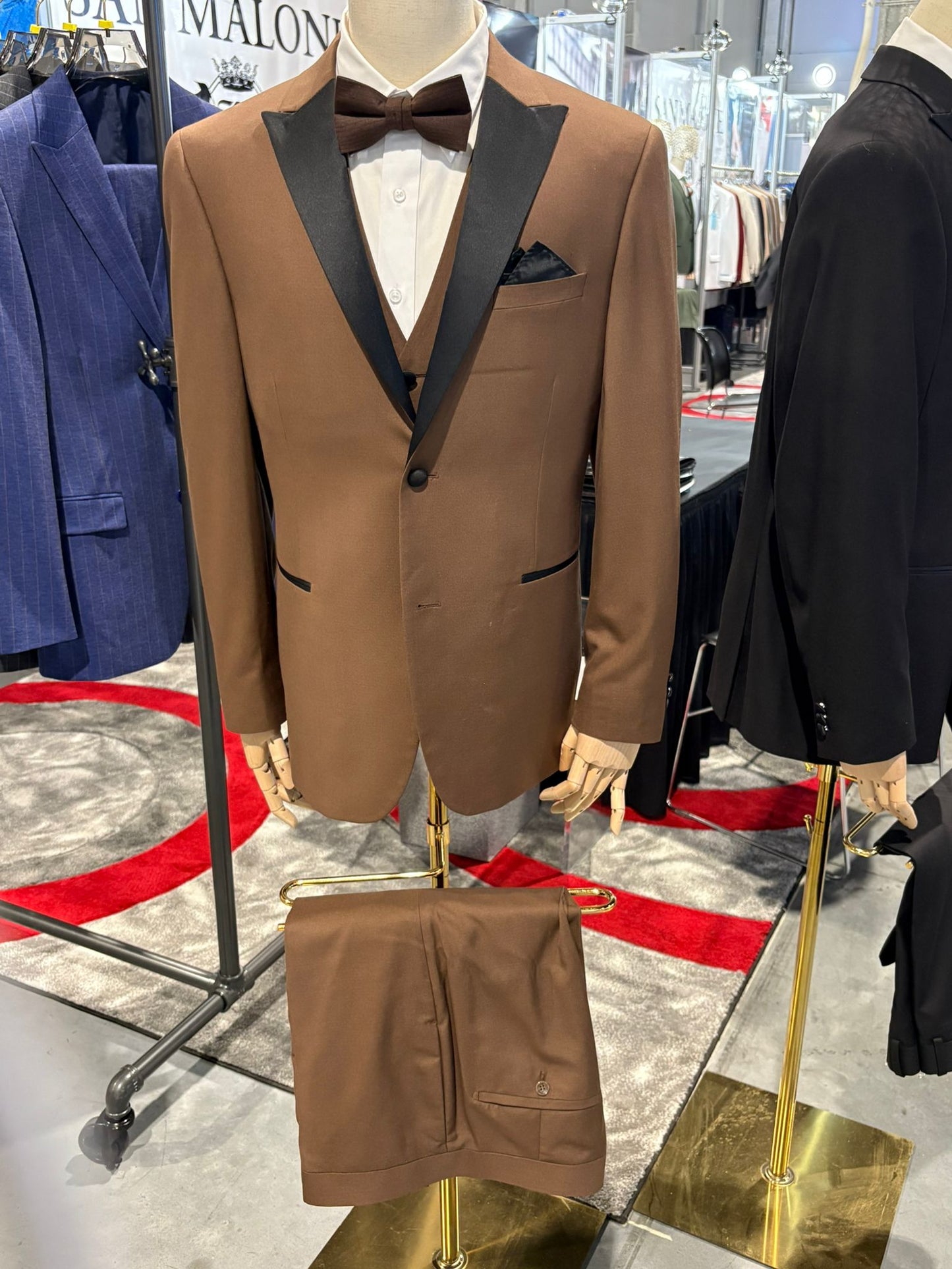 Mens Light Brown Tuxedo Suit with Black Satin Lapel  3 Piece Formal Wedding & Prom Outfit - Country Look