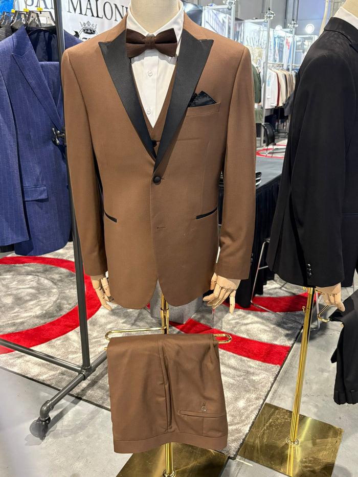 Men's Light Brown Tuxedo Suit with Black Satin Lapel - 3 Piece Formal Wedding & Prom Outfit - Country Look