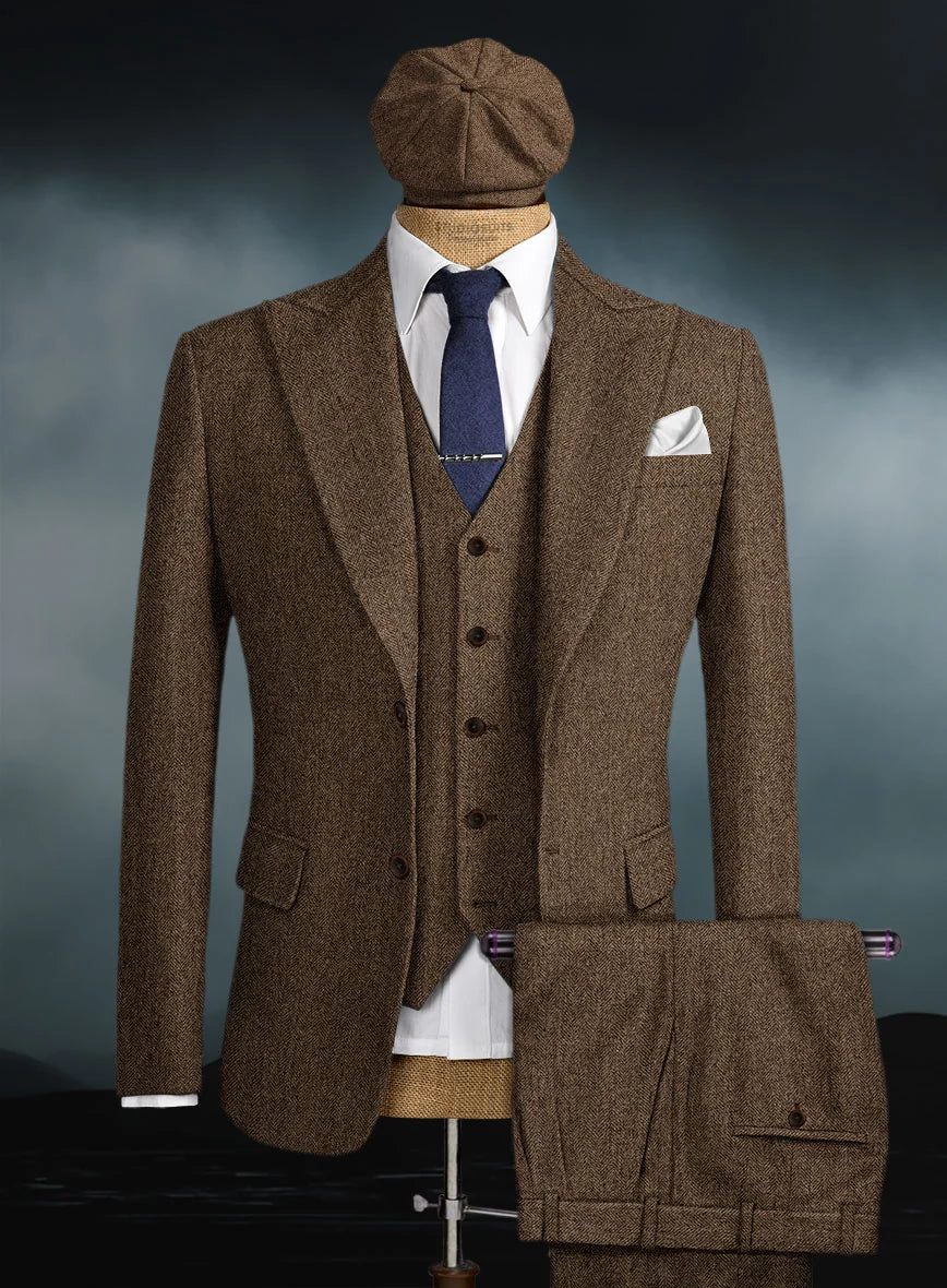Men's Thomas Shelby Brown Herringbone 3-Piece Suit – Peaky Blinders 1920s Vintage-Style Suit with Matching Vest & Trousers