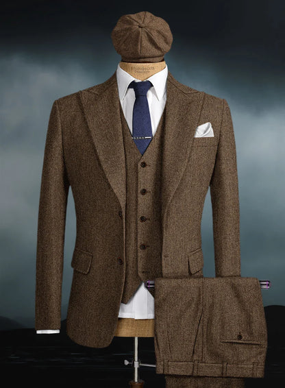 Men's Thomas Shelby Brown Herringbone 3-Piece Suit – Peaky Blinders 1920s Vintage-Style Suit with Matching Vest & Trousers