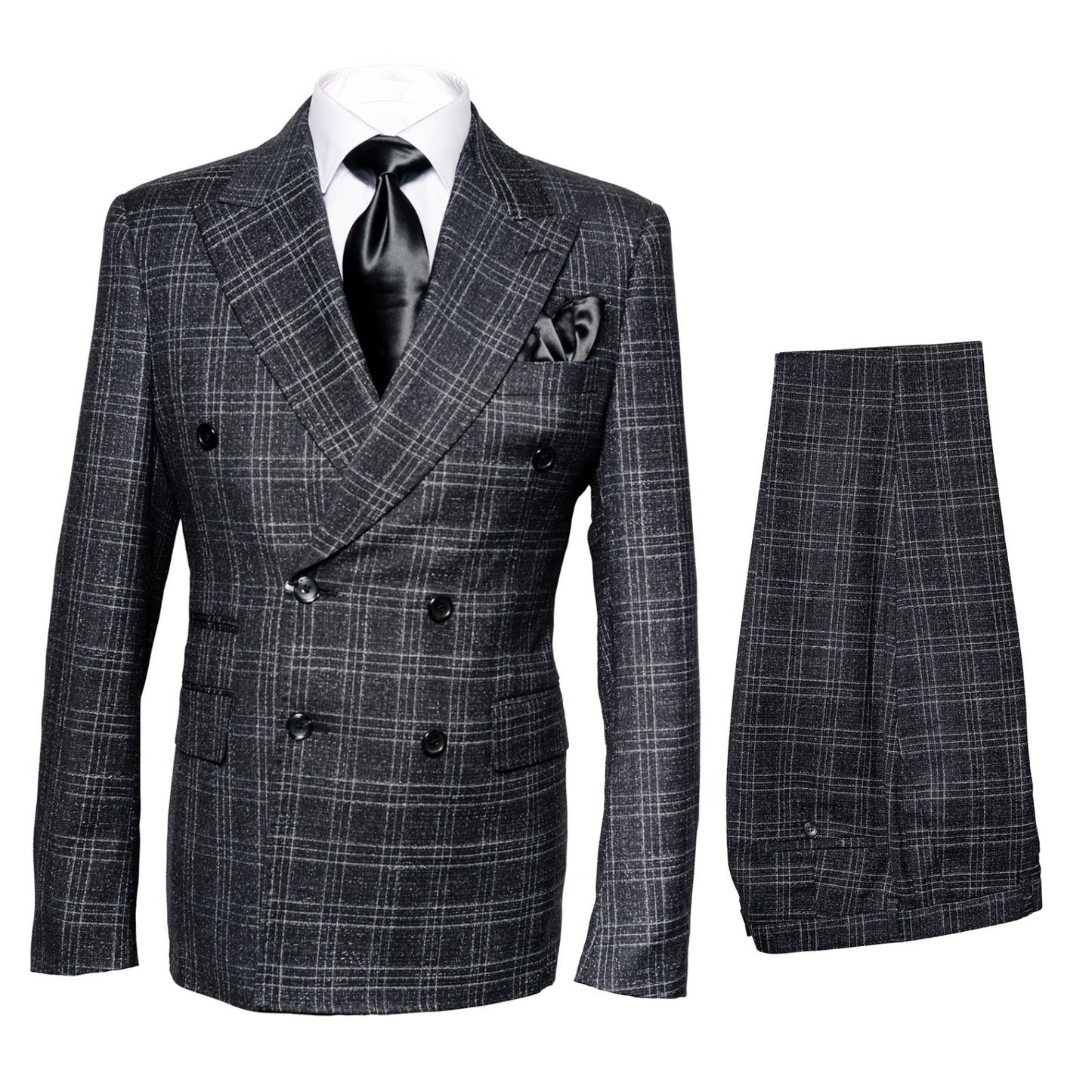 Mens Charcoal Plaid Double-Breasted Suit   Tailored Pants Windowpane Pattern By Rossiman