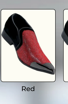 Mens Red Glitter Tuxedo Loafers  Shiny Slip-On Dress Shoes with Black Patent Toe for Parties and Formal Events