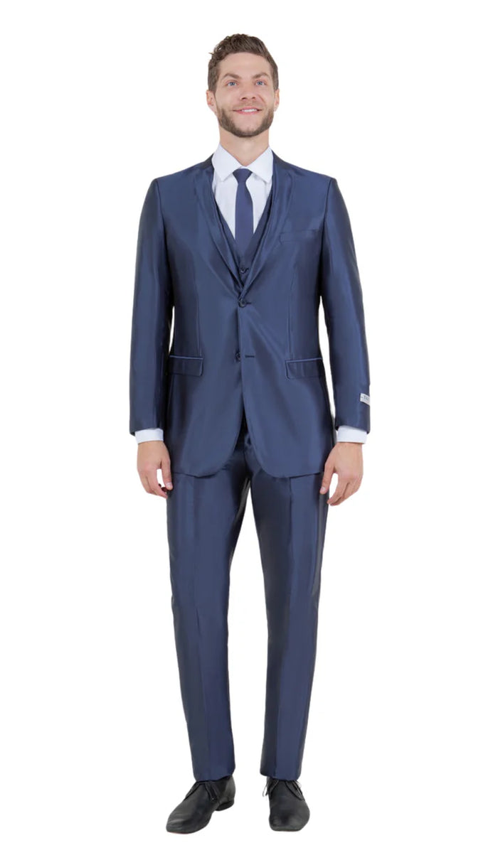 Mens Navy Blue Shiny Finish 3-Piece Suit Set  Premium Tailored Fit Formal Wedding and Party Sateen Slim Fitted Suit