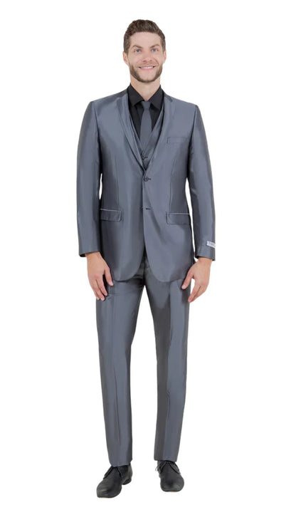Mens Dark Grey Shiny Two-Piece Suit  Slim Fitted Formal Jacket and Tailored Pants - Sateen Metalic in Charcoal Gray Color